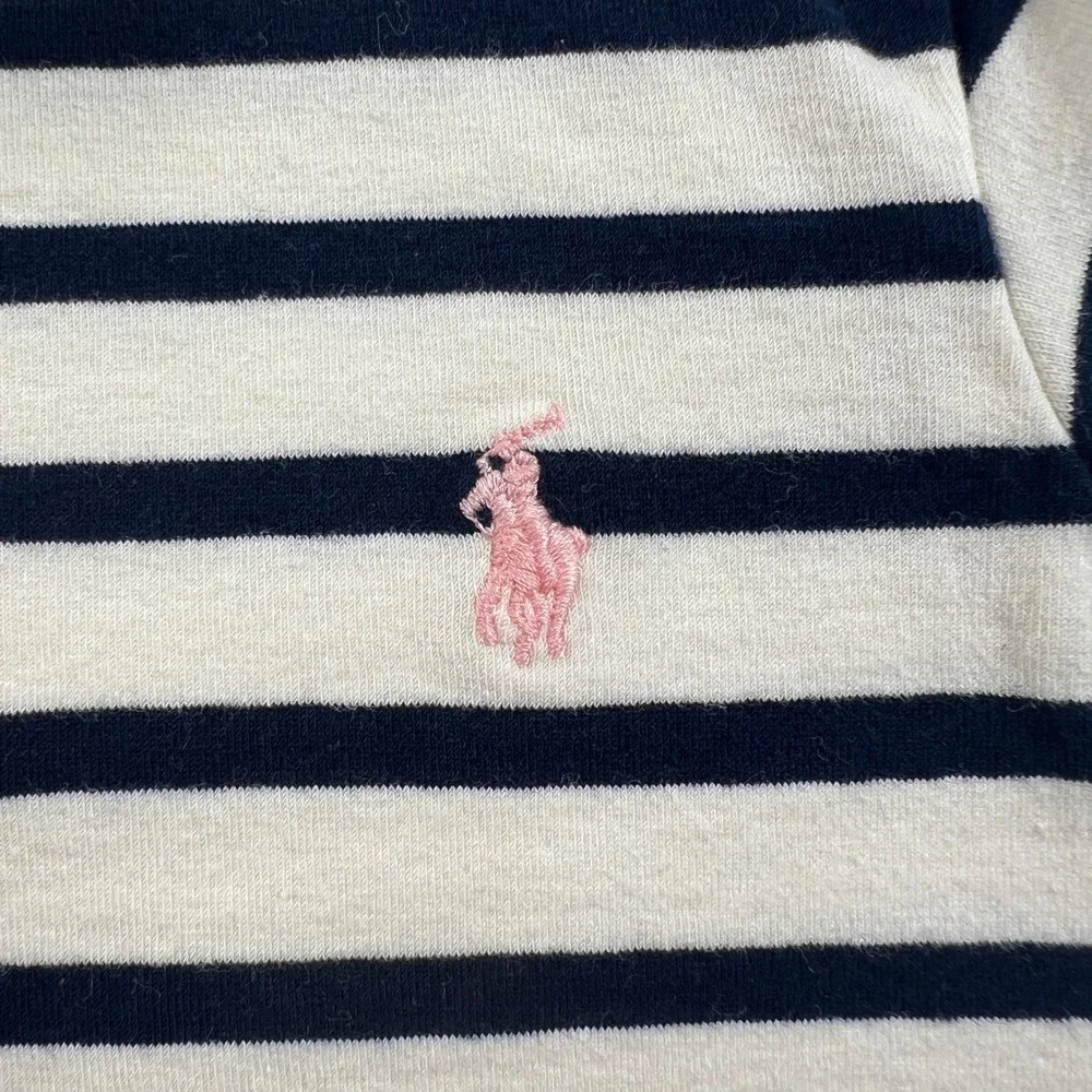 Ralph Lauren T-Shirt Girls 4 White Navy Striped Short Sleeve Lettuce Trim Pony
